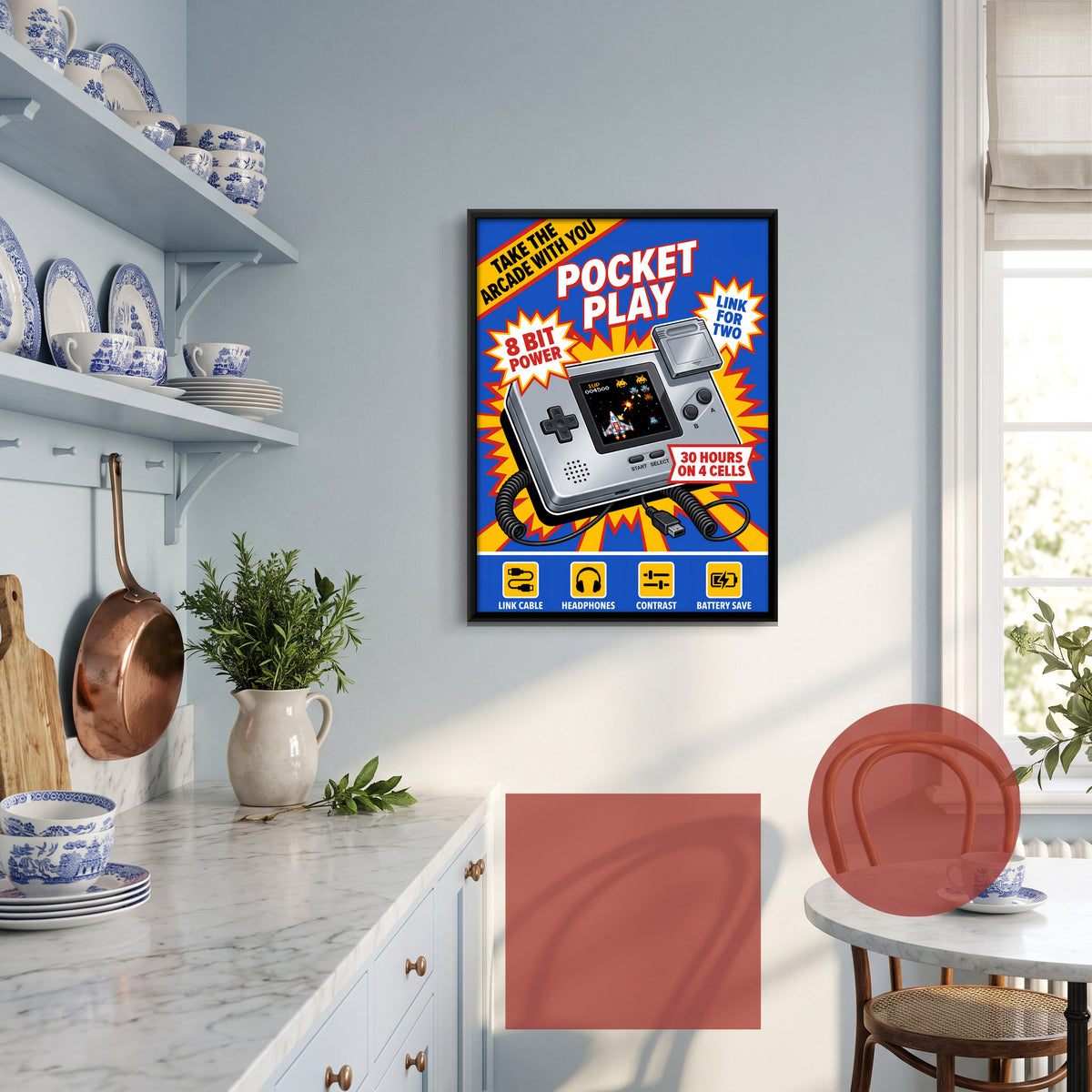Retro Handheld Game Console Box Art - canvas art shown in a second room setting