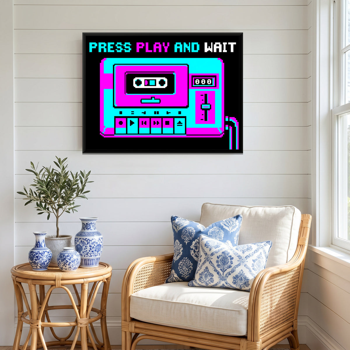 Cassette Tape Recorder - canvas art shown in a styled room