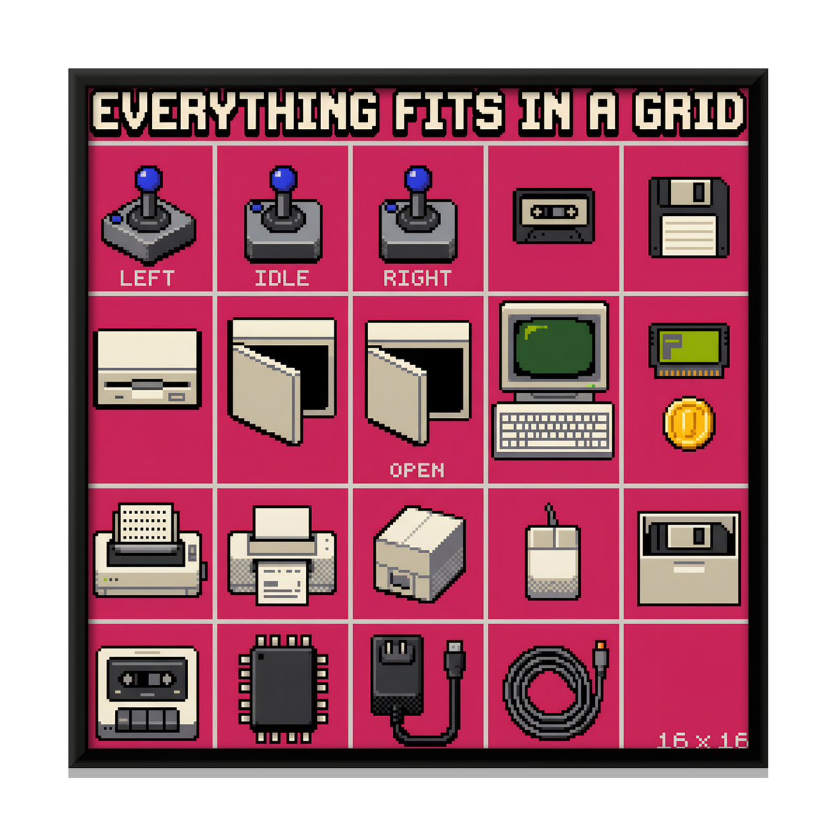 Grid of Retro Computer Icons - framed canvas print, front view