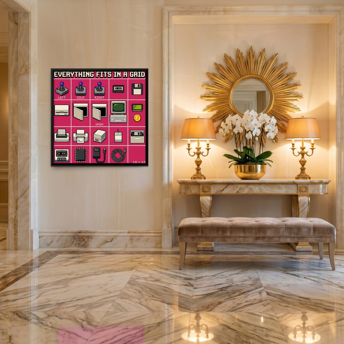 Grid of Retro Computer Icons - canvas art shown in a second room setting