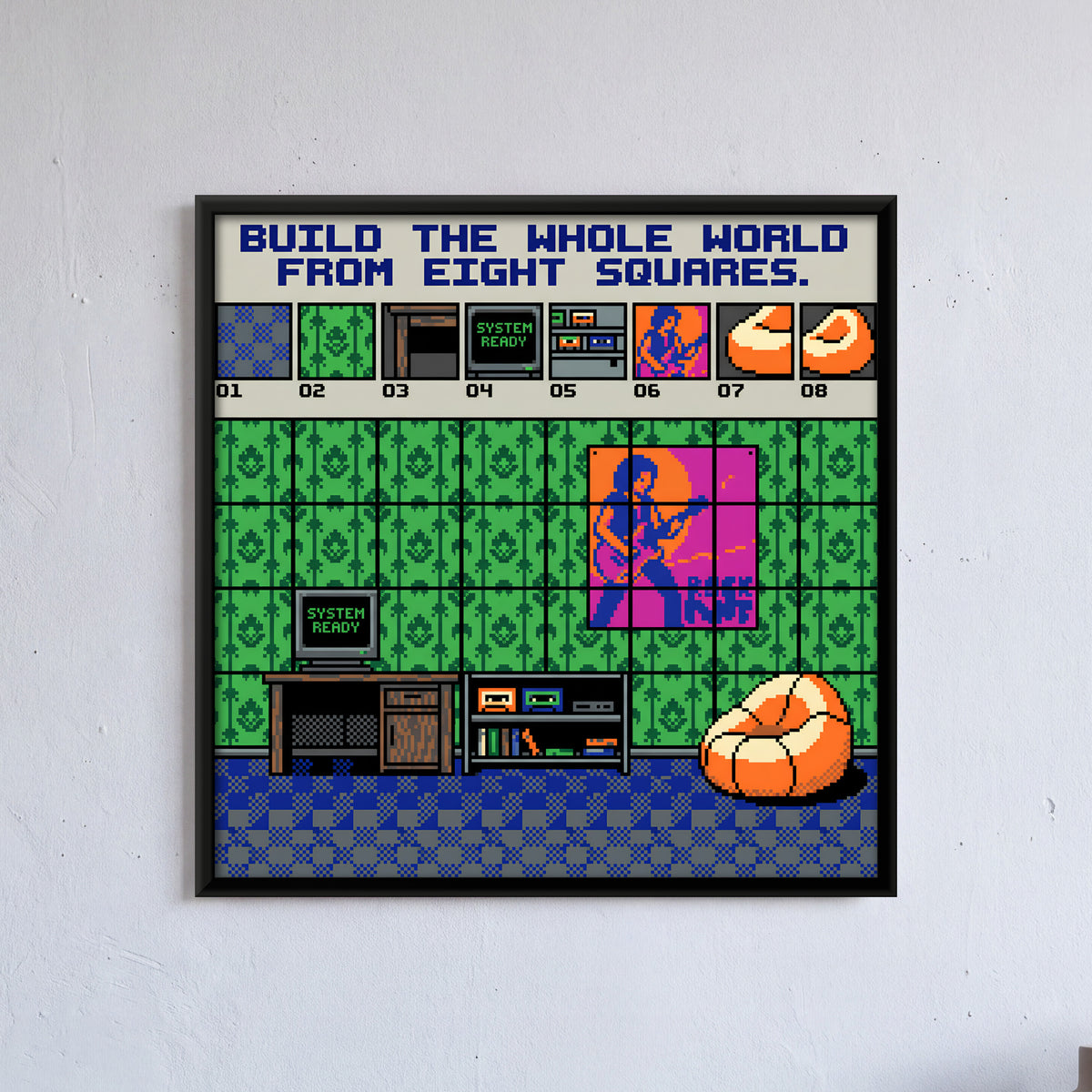 Retro Computer Room - framed canvas art hung on a wall