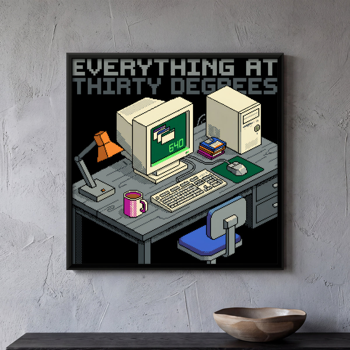 Retro Computer Desk - framed canvas art hung on a wall