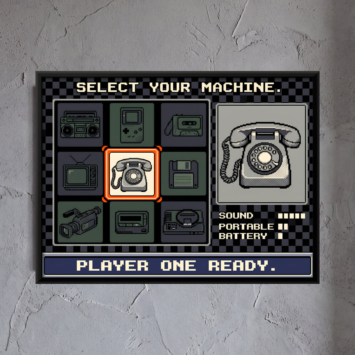 Retro Machine Select Screen - framed canvas art hung on a wall