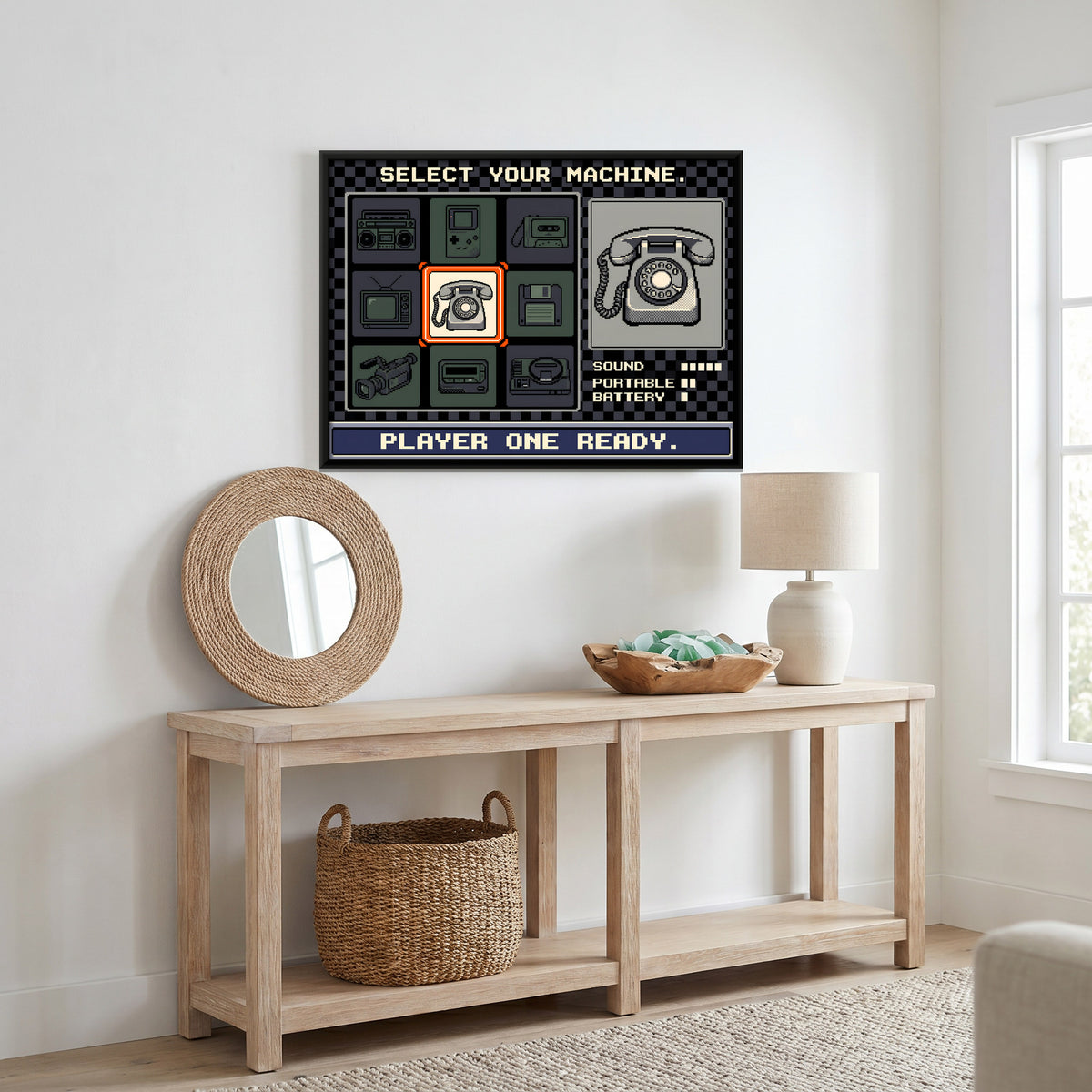 Retro Machine Select Screen - canvas art shown in a second room setting
