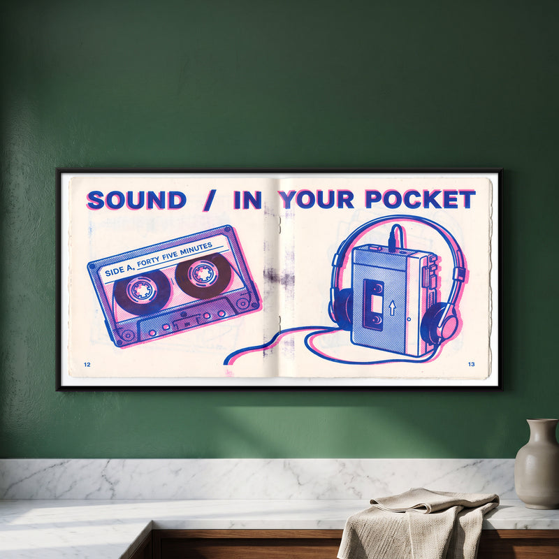 Cassette Tape and Personal Player - framed canvas art hung on a wall