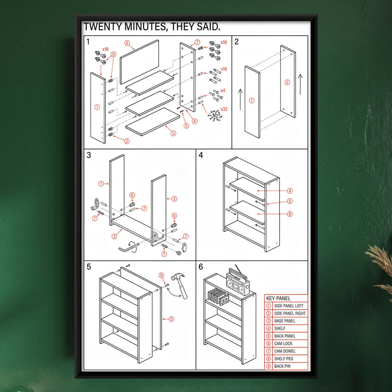 Flat-Pack Shelf Assembly - framed canvas art hung on a wall