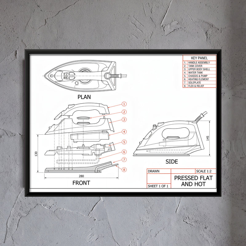 Steam Iron Technical Drawing - framed canvas art hung on a wall