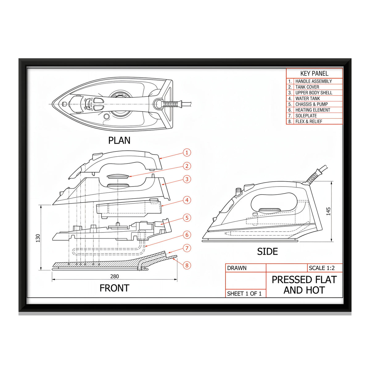 Steam Iron Technical Drawing - framed canvas print, front view