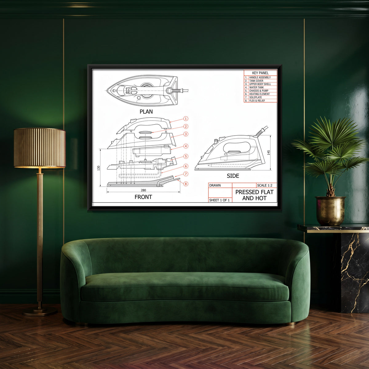 Steam Iron Technical Drawing - canvas art shown in a styled room