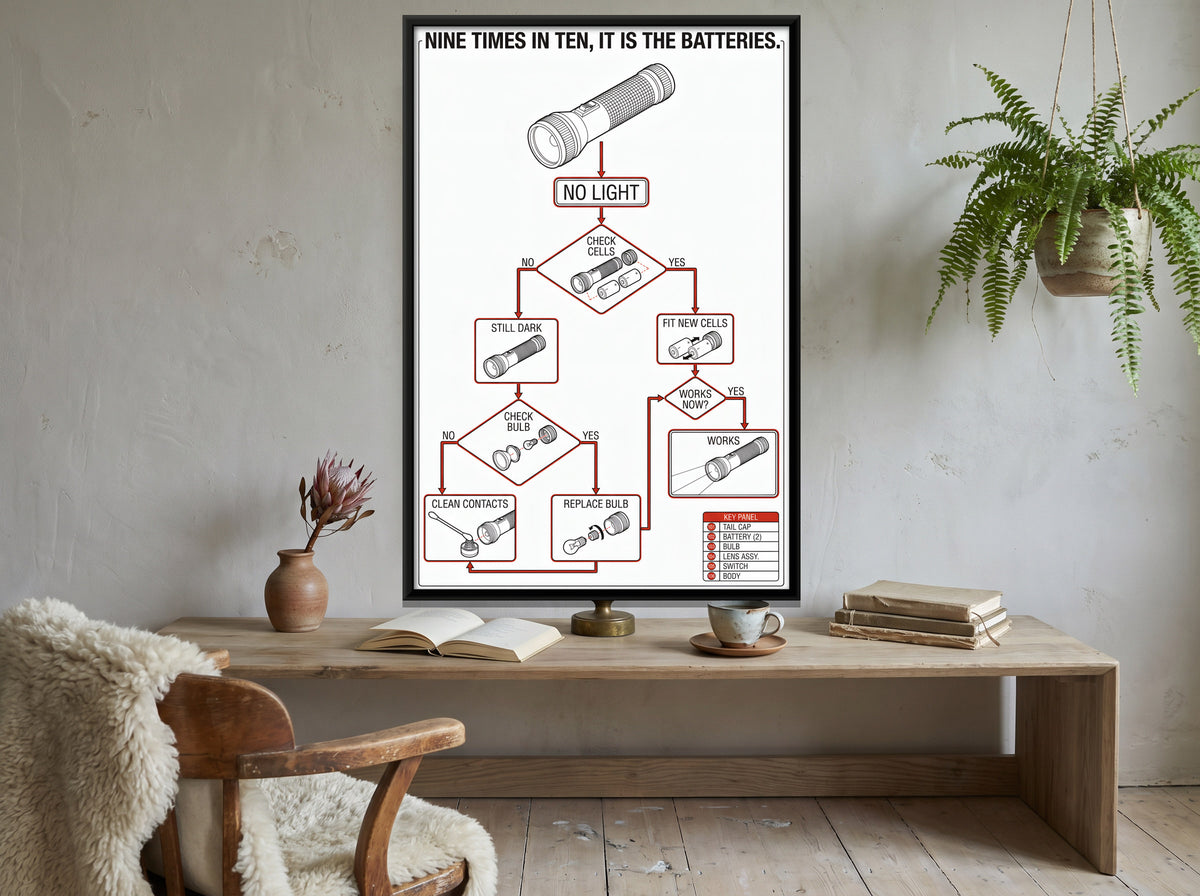 Torch Troubleshooting Chart - canvas art shown in a second room setting