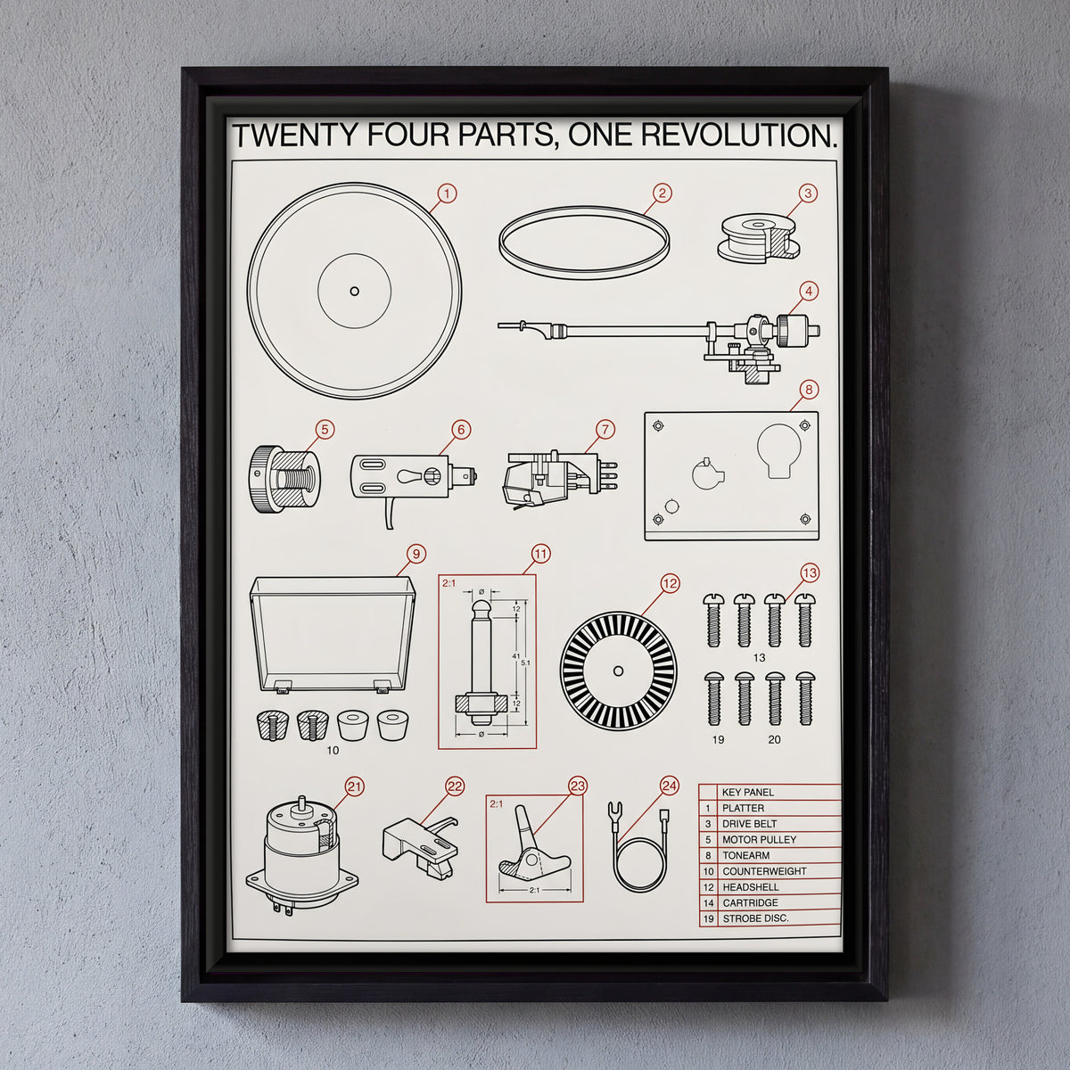 Record Player Parts Diagram - framed canvas art hung on a wall