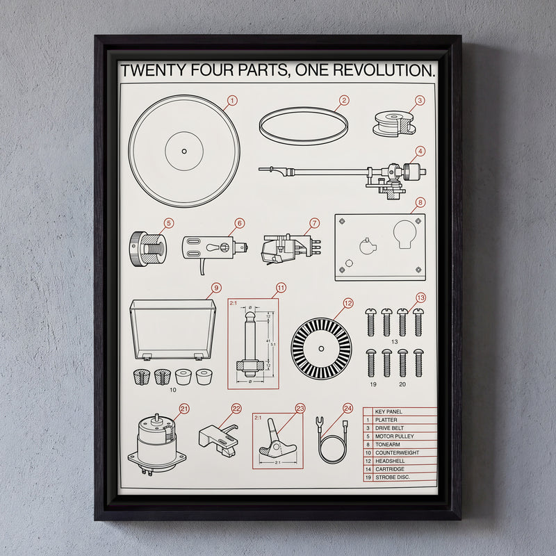 Record Player Parts Diagram - framed canvas art hung on a wall