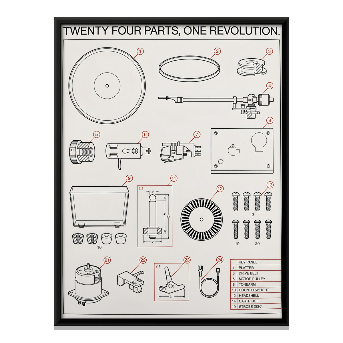 Record Player Parts Diagram - framed canvas print, front view