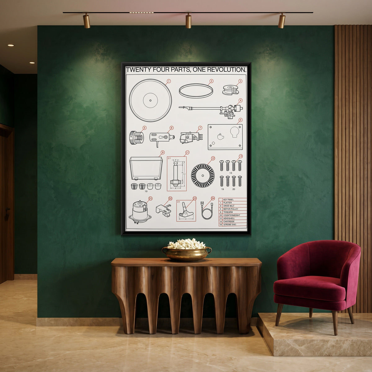 Record Player Parts Diagram - canvas art shown in a second room setting