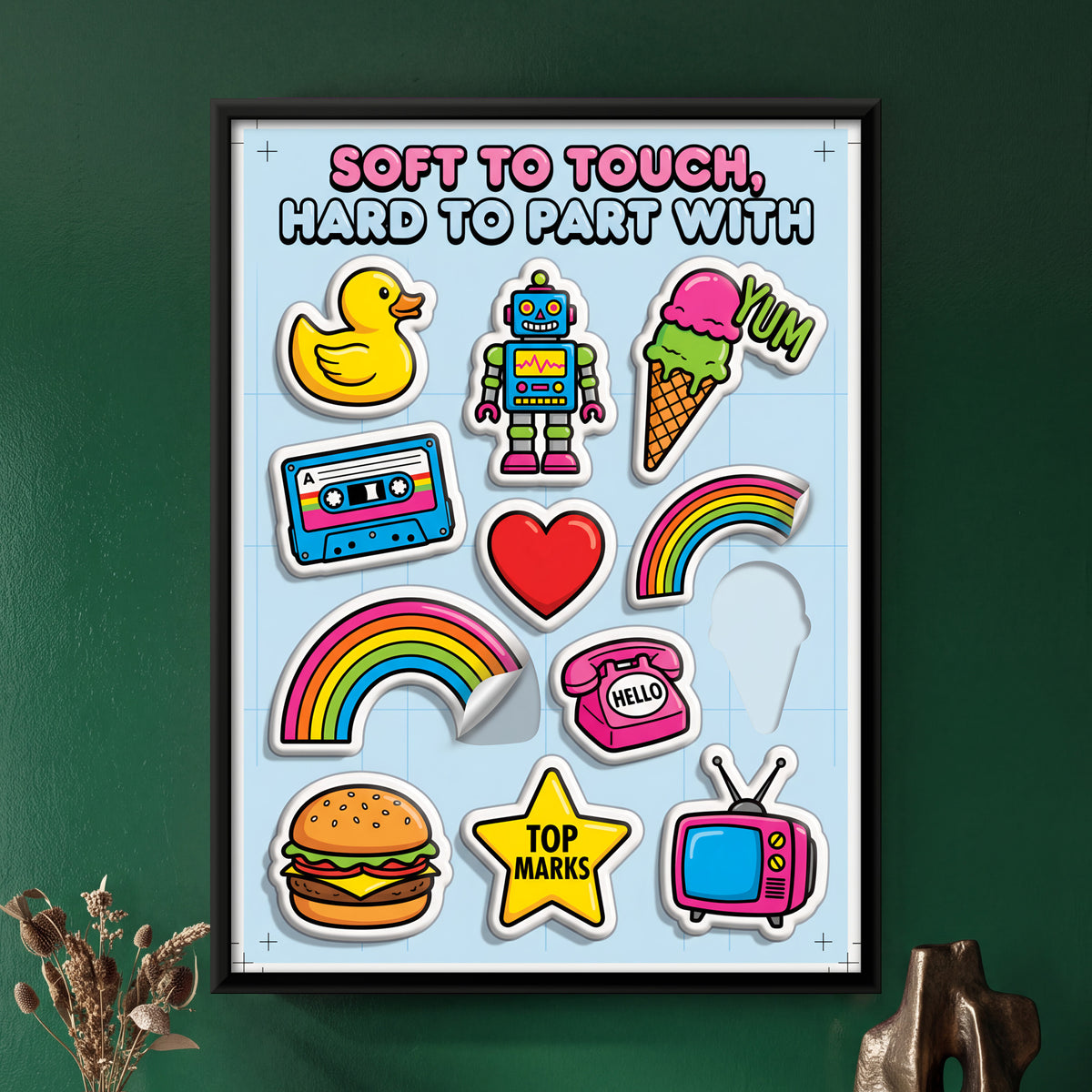 Puffy Sticker Sheet - framed canvas art hung on a wall