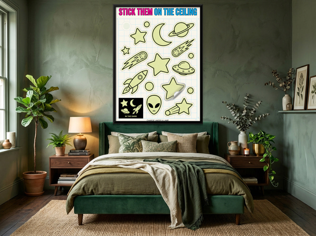 Glow in the Dark Space Stickers - canvas art shown in a styled room