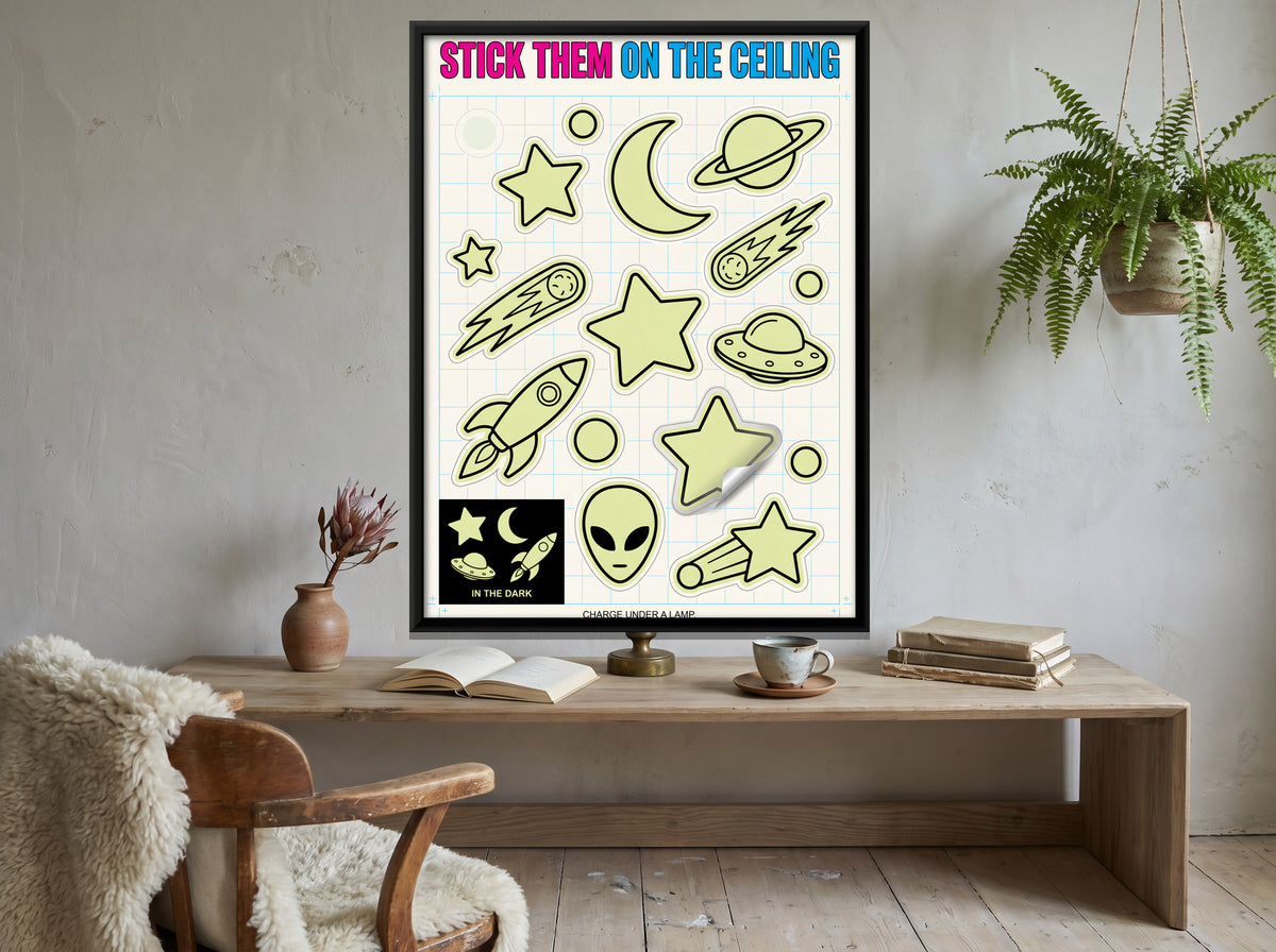 Glow in the Dark Space Stickers - canvas art shown in a second room setting