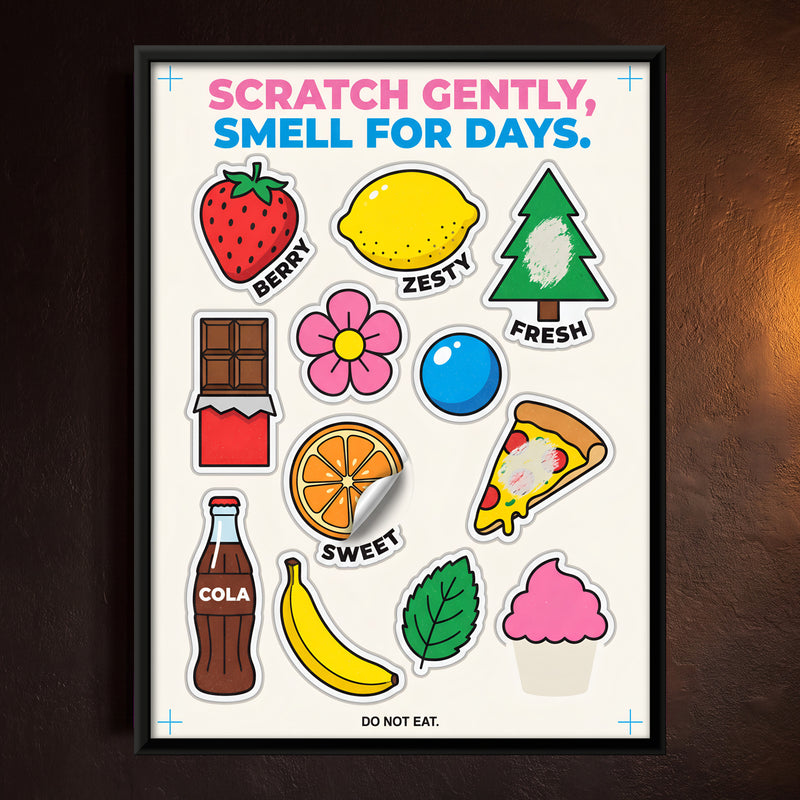 Scratch and Sniff Sticker Sheet - framed canvas art hung on a wall