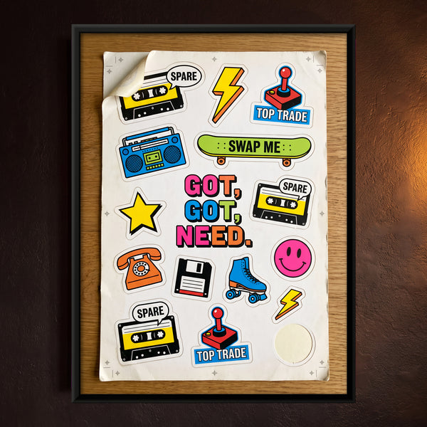 Retro Sticker Swap Sheet with Various Icons