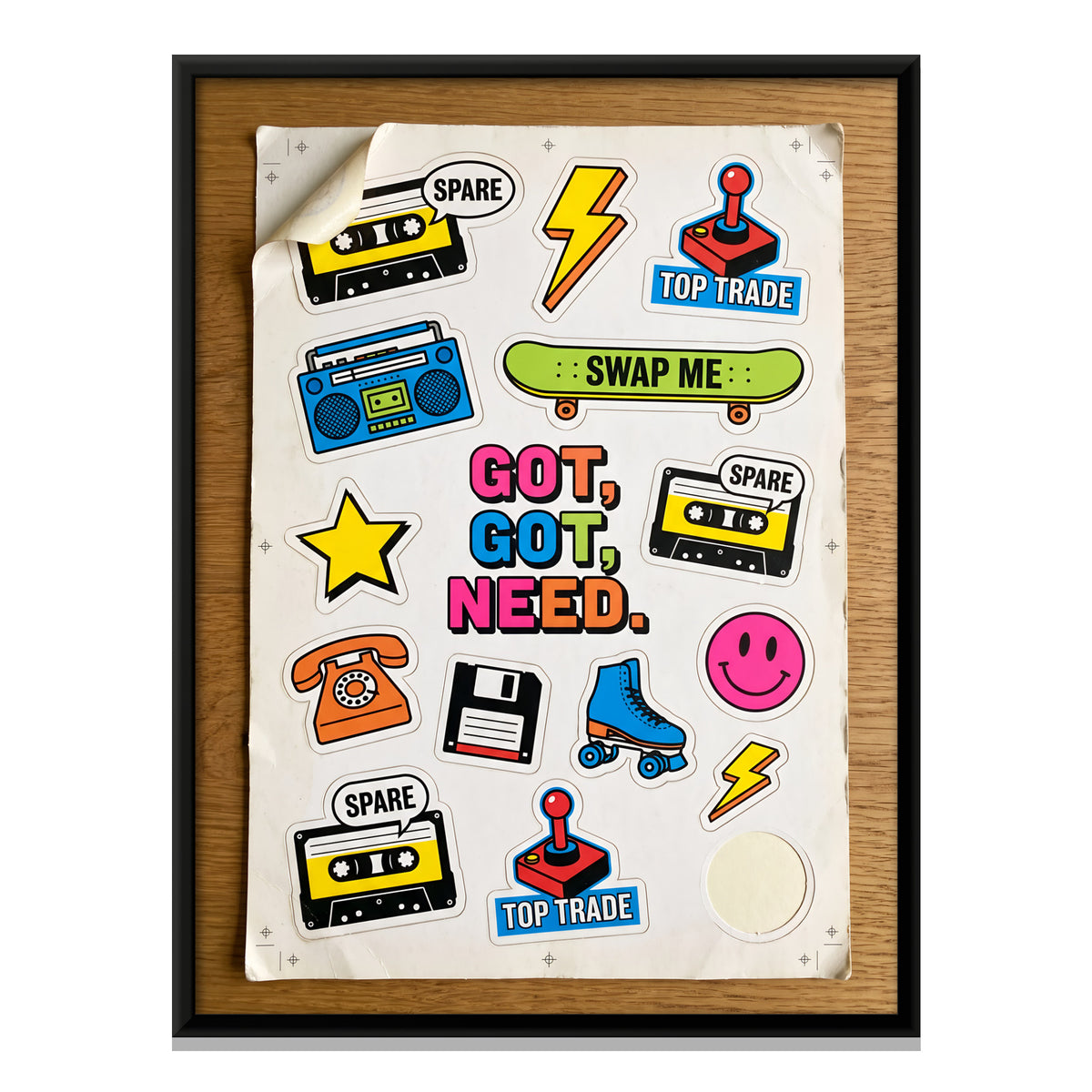 Retro Sticker Swap Sheet - framed canvas print, front view