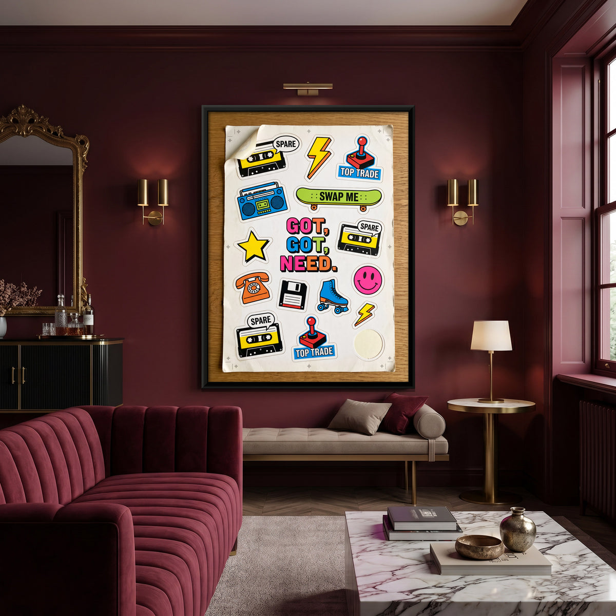 Retro Sticker Swap Sheet - canvas art shown in a second room setting