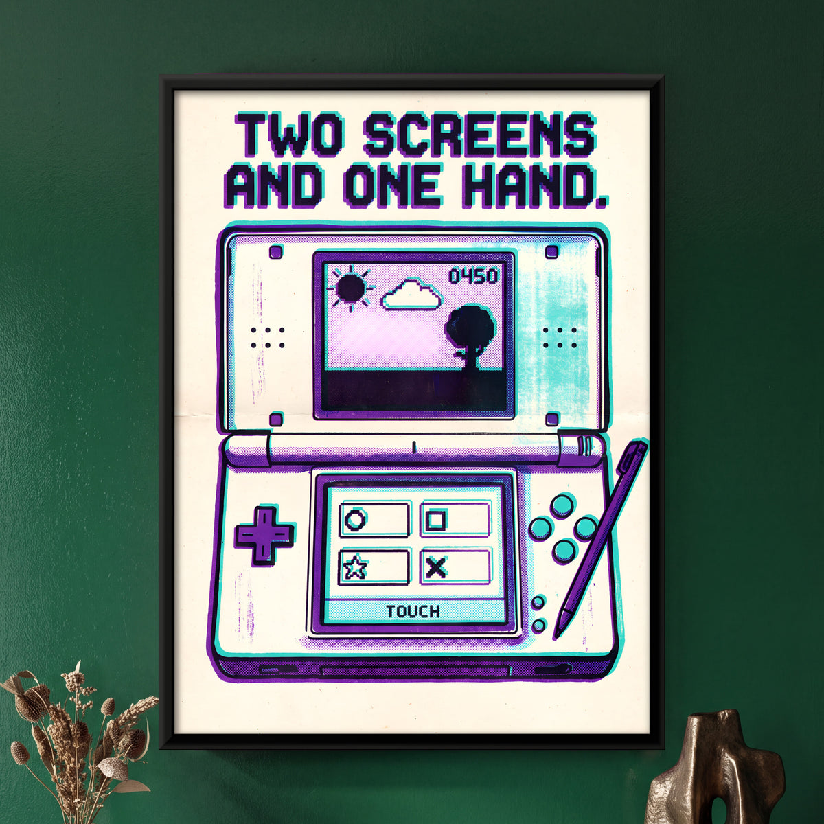 Dual-Screen Handheld Console - framed canvas art hung on a wall