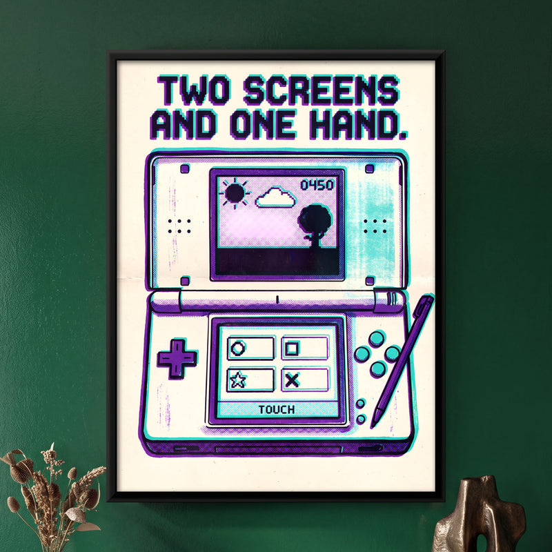 Dual-Screen Handheld Console - framed canvas art hung on a wall