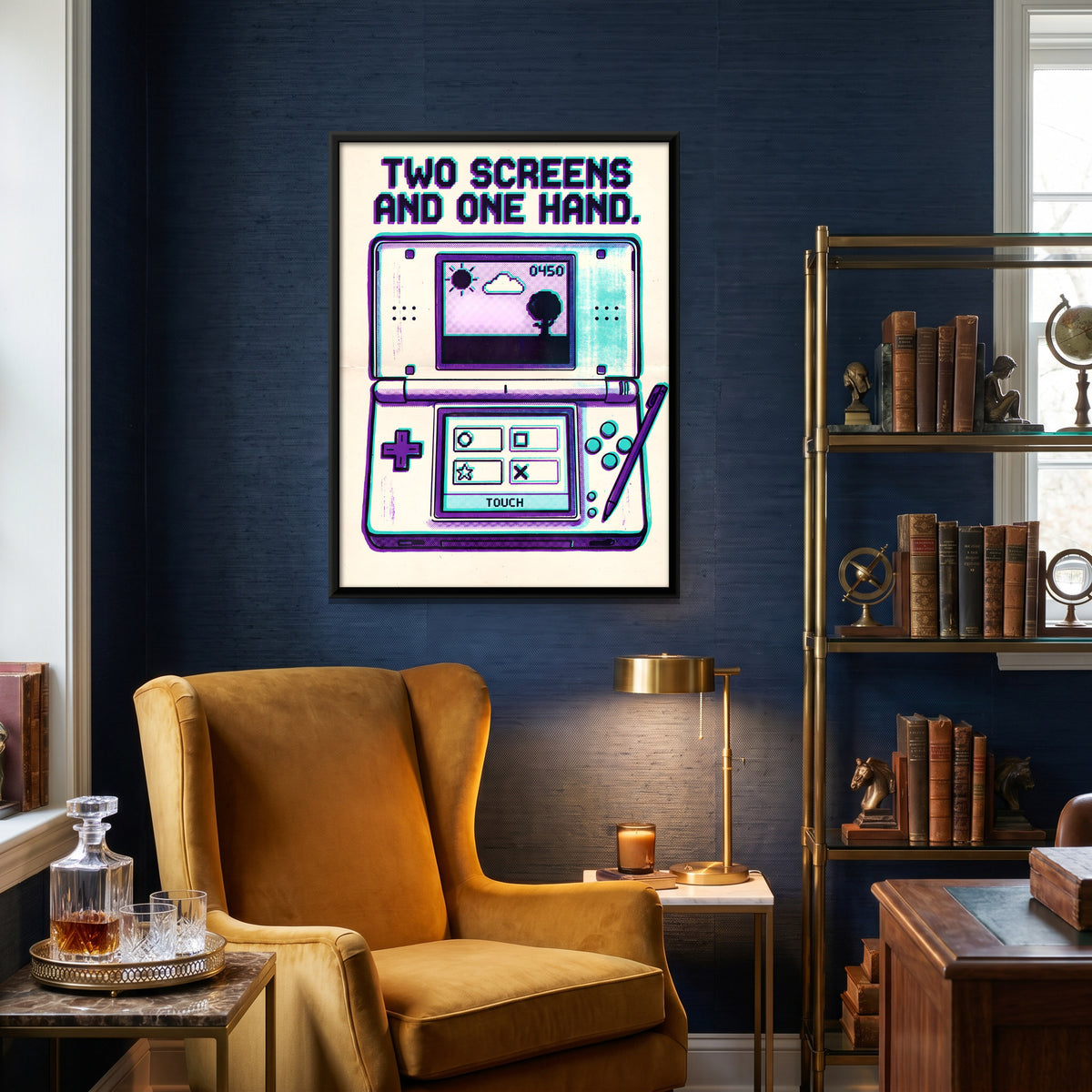 Dual-Screen Handheld Console - canvas art shown in a second room setting