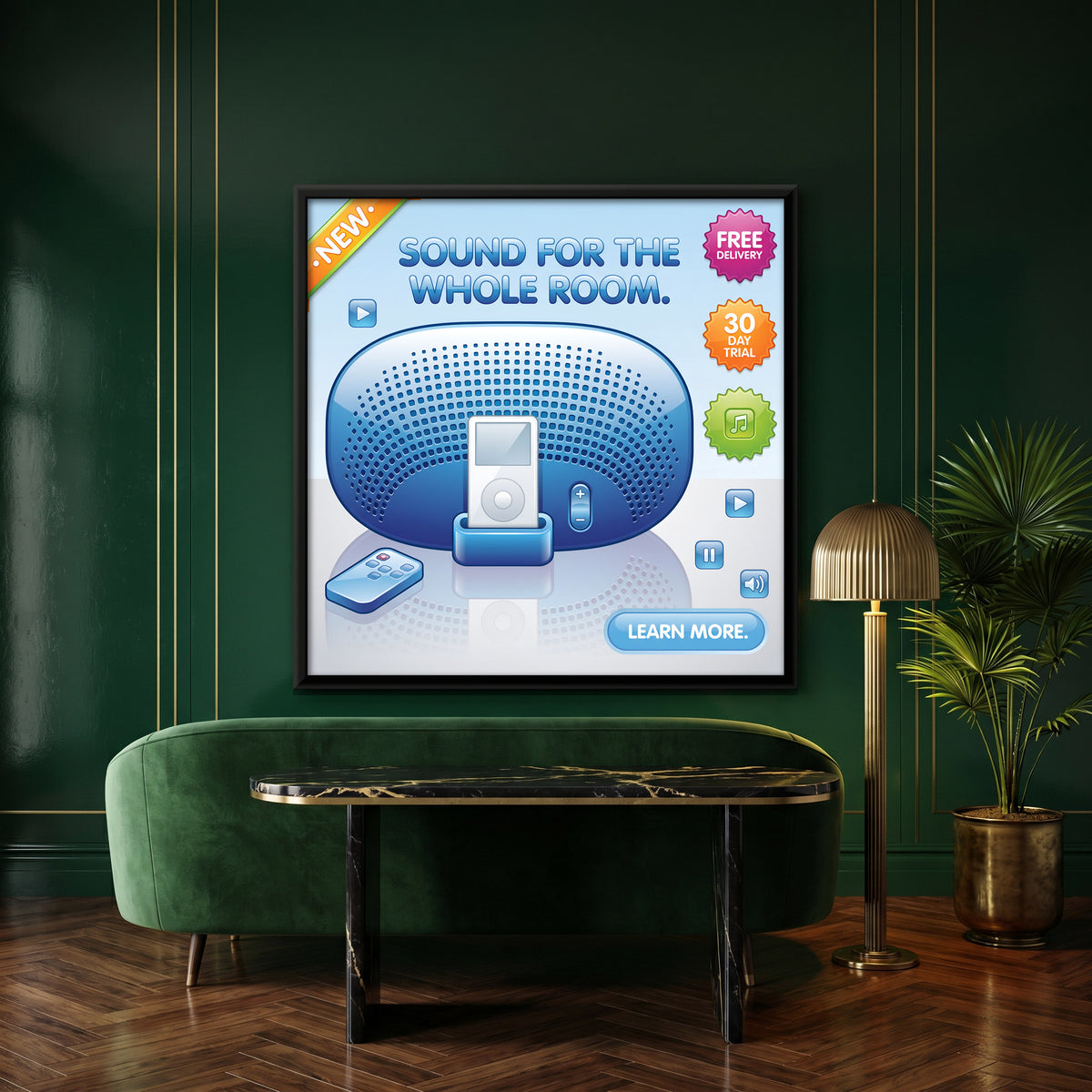 MP3 Player Speaker Dock - canvas art shown in a second room setting