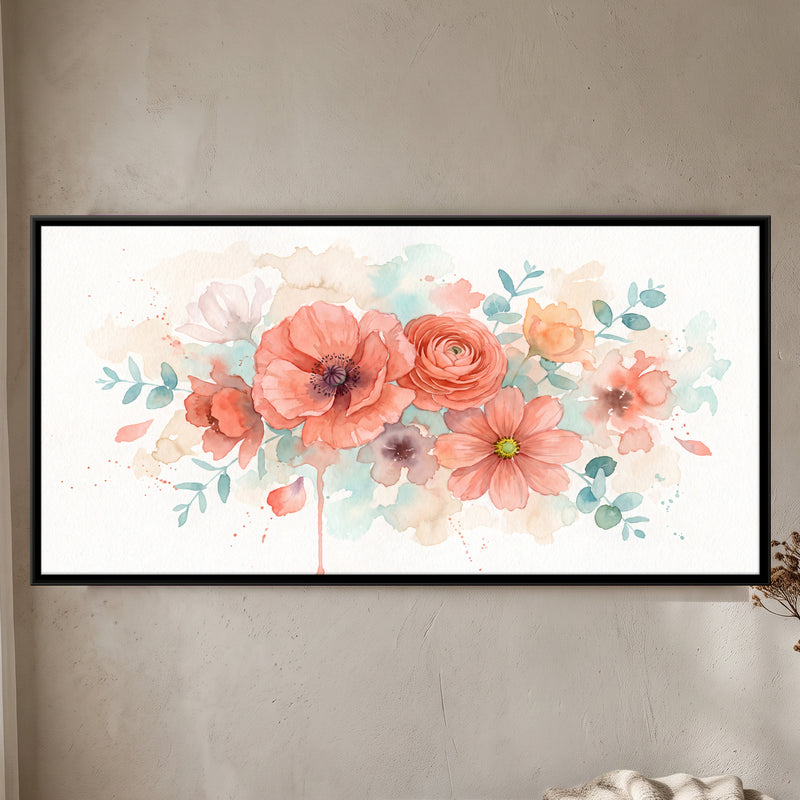 Coral Poppies and Roses - framed canvas art hung on a wall