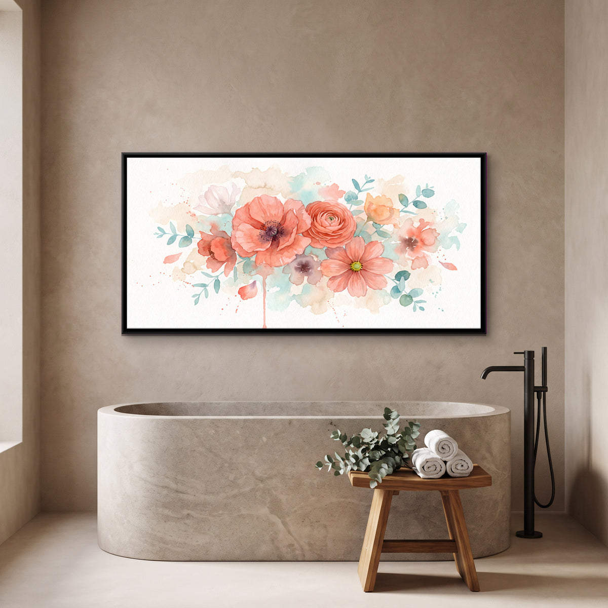 Coral Poppies and Roses - canvas art shown in a styled room