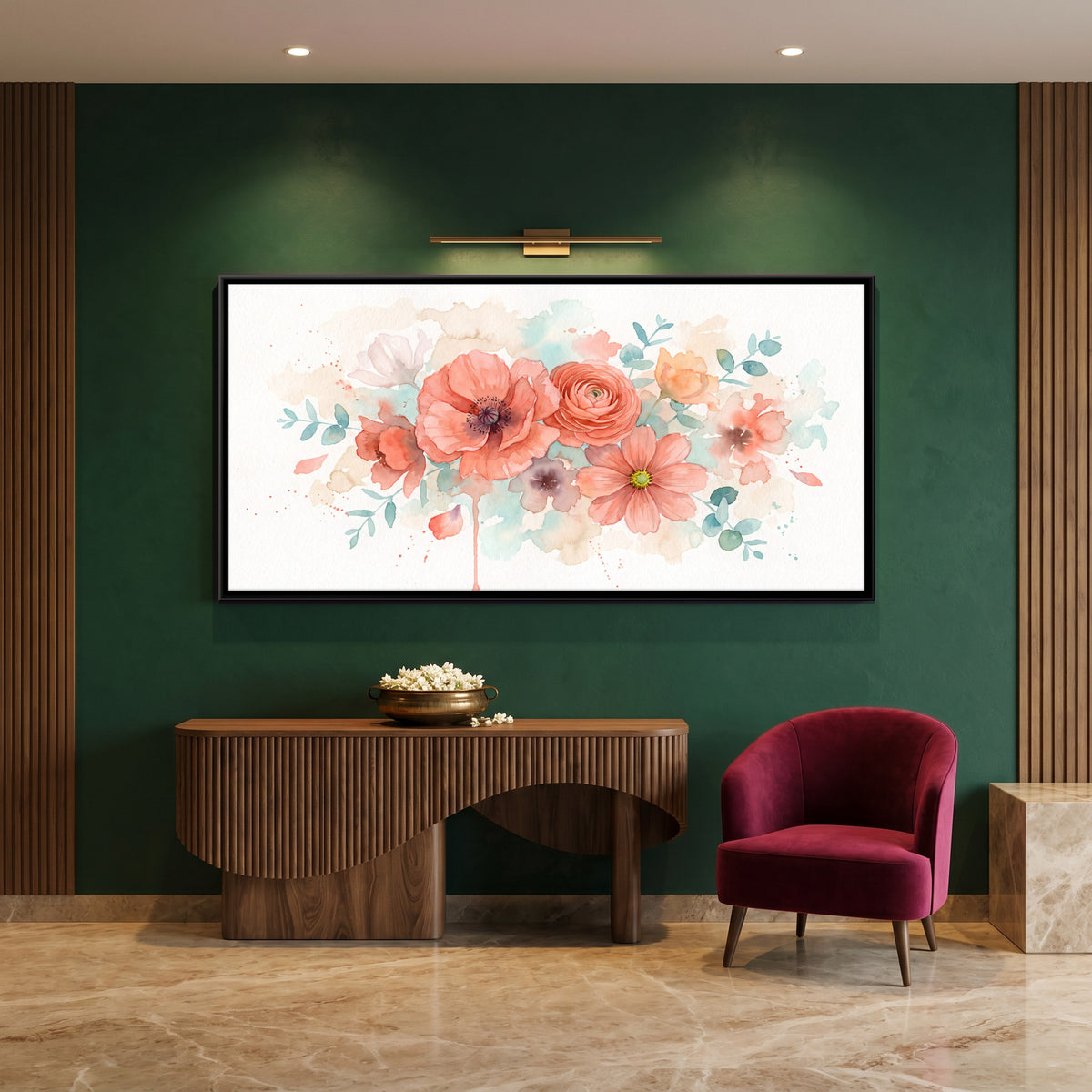 Coral Poppies and Roses - canvas art shown in a second room setting