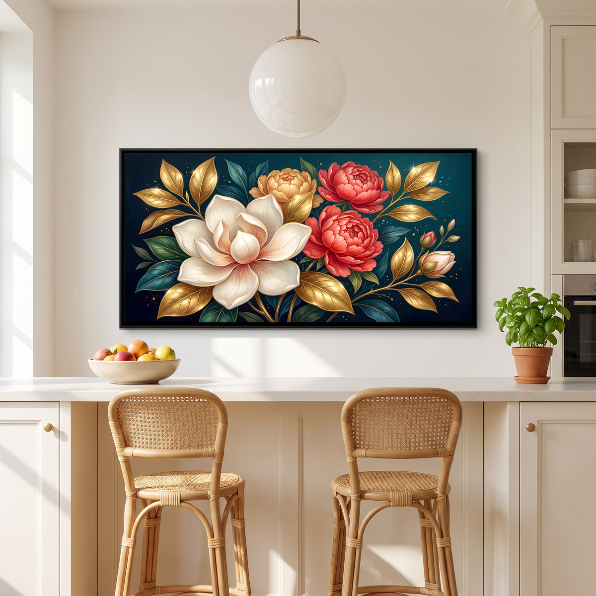 Magnolia and Peonies - canvas art shown in a styled room
