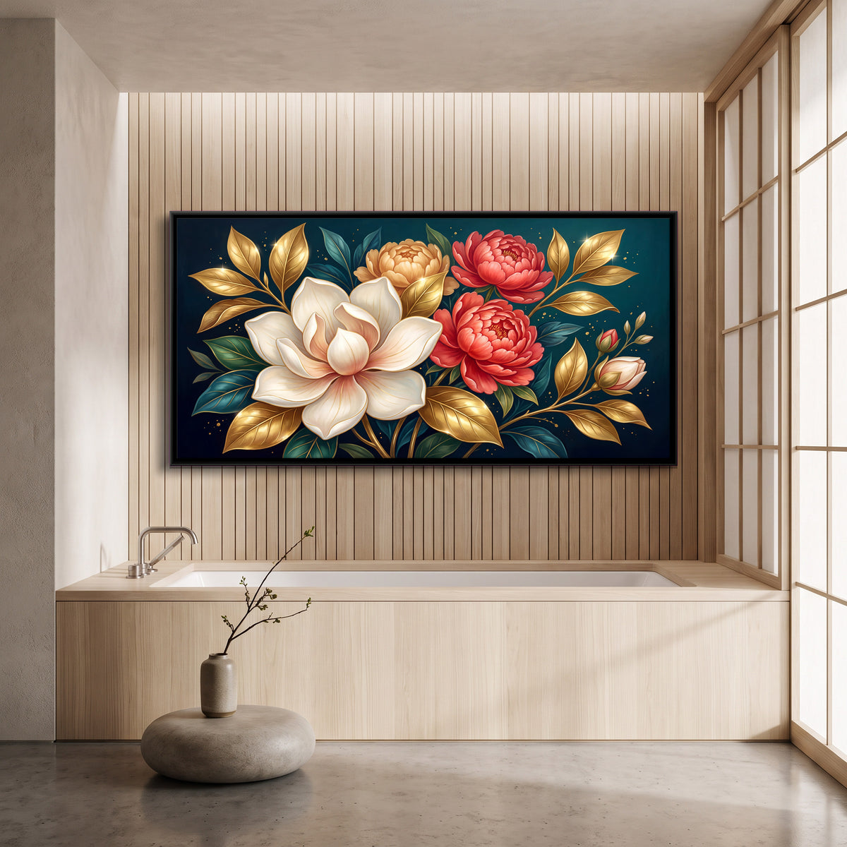 Magnolia and Peonies - canvas art shown in a second room setting