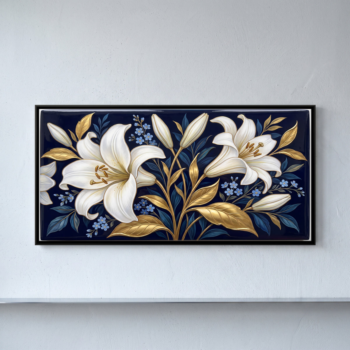 White Lilies on Navy - framed canvas art hung on a wall