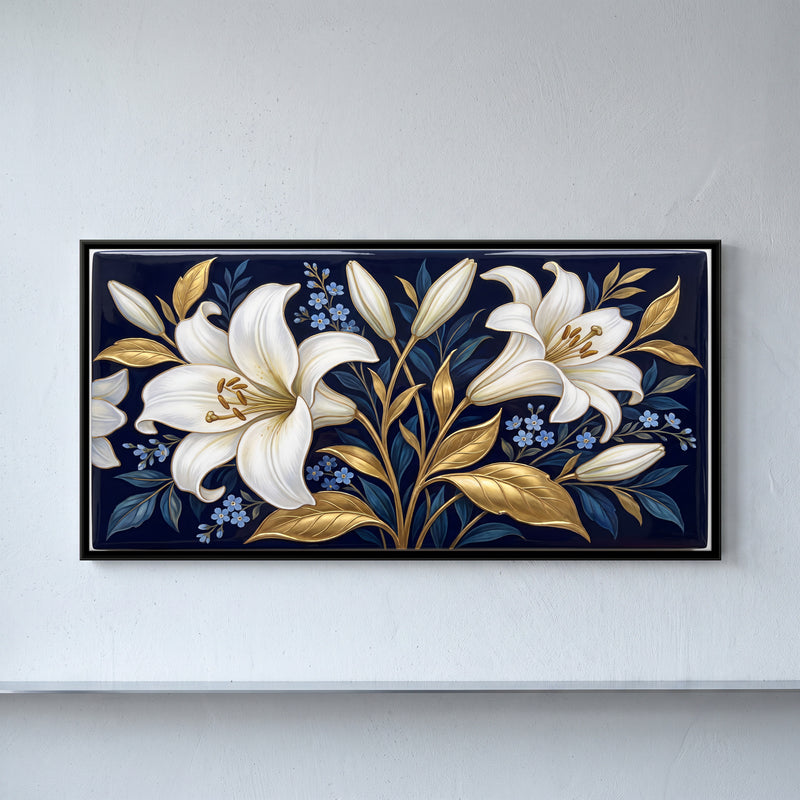 White Lilies on Navy - framed canvas art hung on a wall