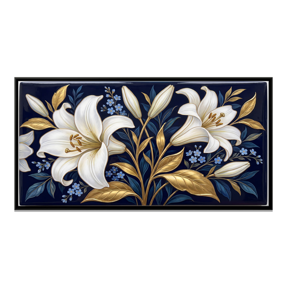 White Lilies on Navy - framed canvas print, front view