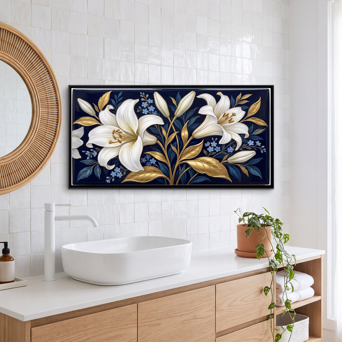 White Lilies on Navy - canvas art shown in a styled room