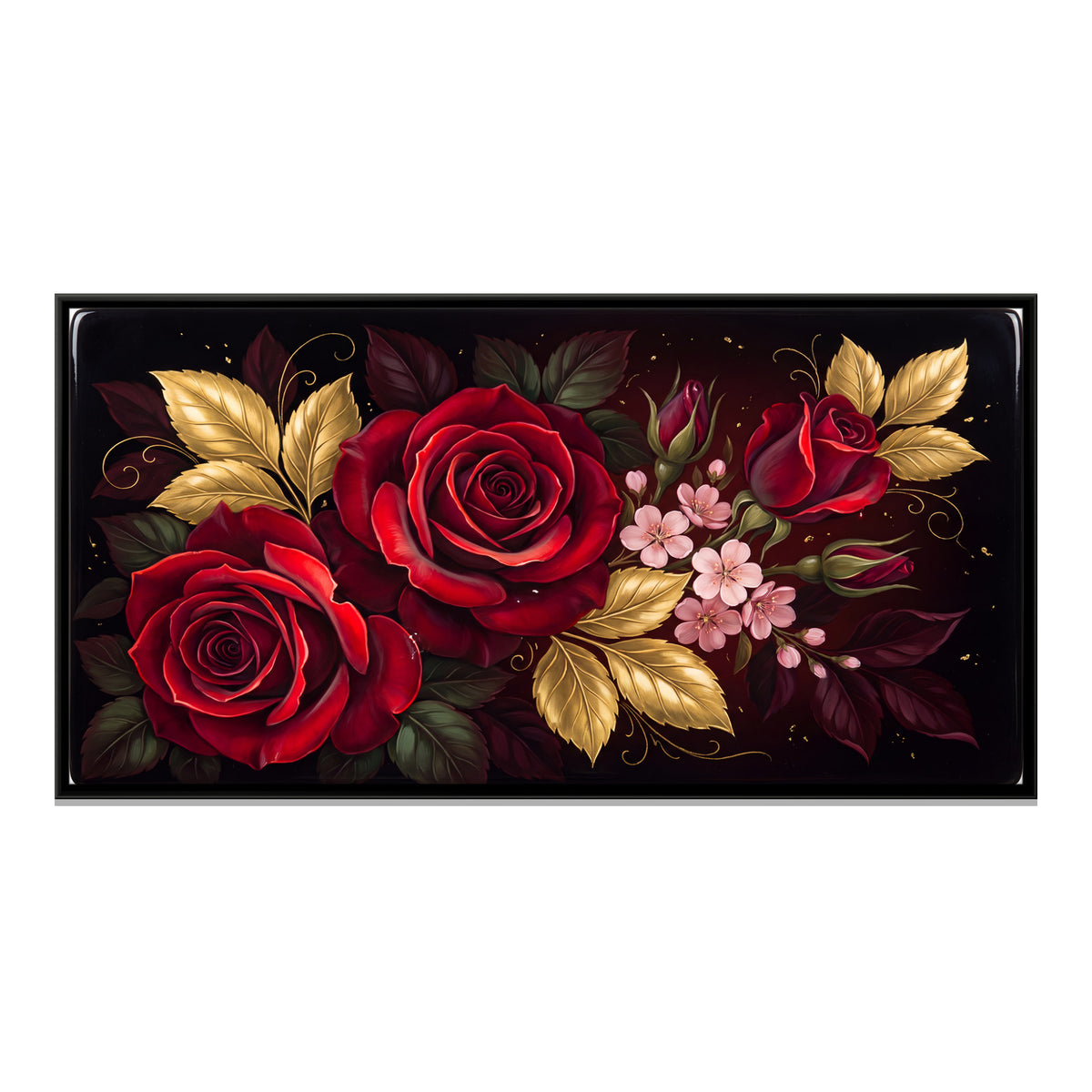 Red Roses and Gold Leaves - framed canvas print, front view