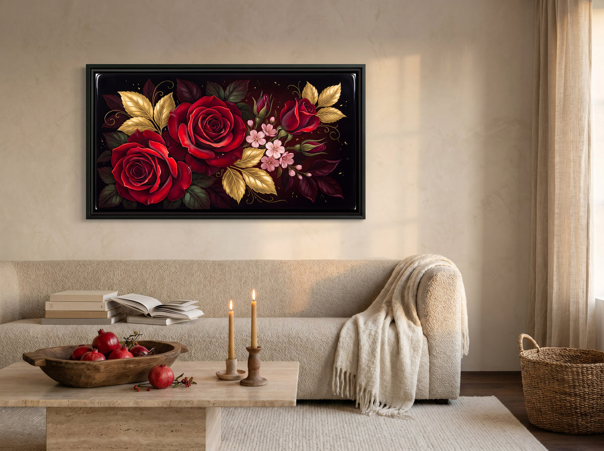 Red Roses and Gold Leaves - canvas art shown in a second room setting