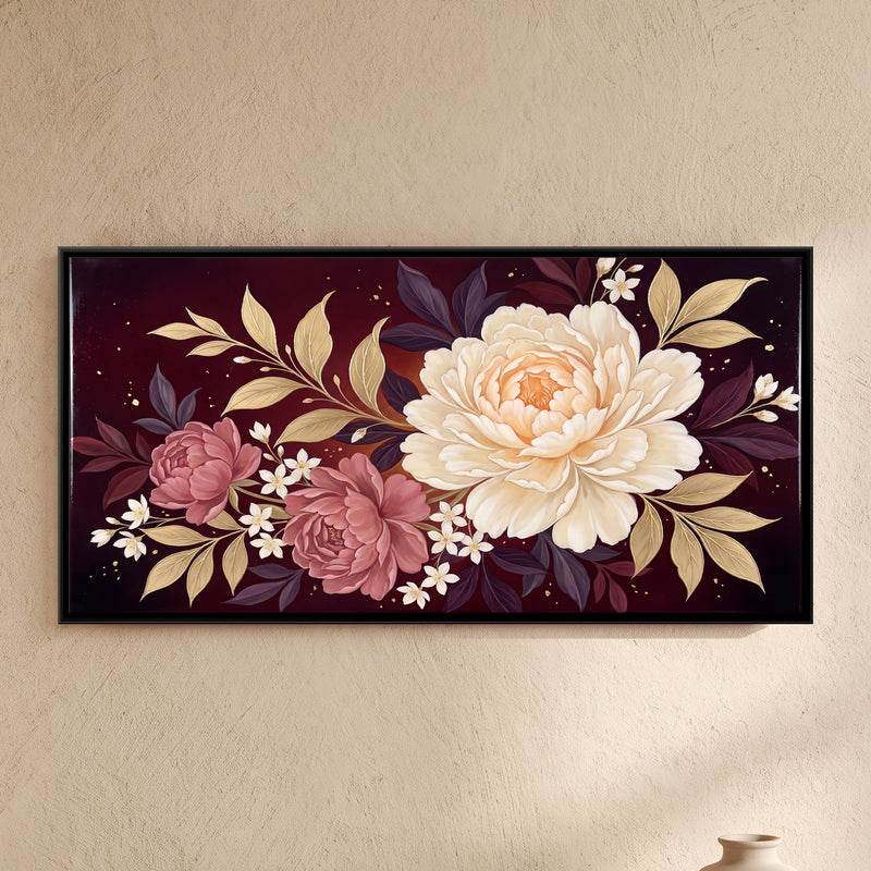 Cream Peony and Pink Roses - framed canvas art hung on a wall