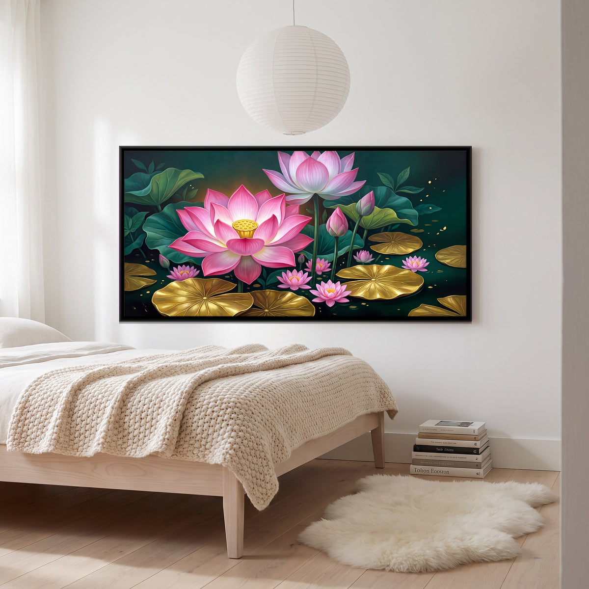 Pink Lotus Pond - canvas art shown in a styled room