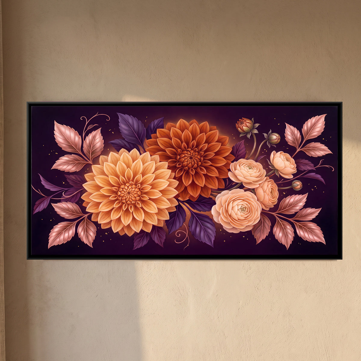 Orange Dahlias and Roses - framed canvas art hung on a wall