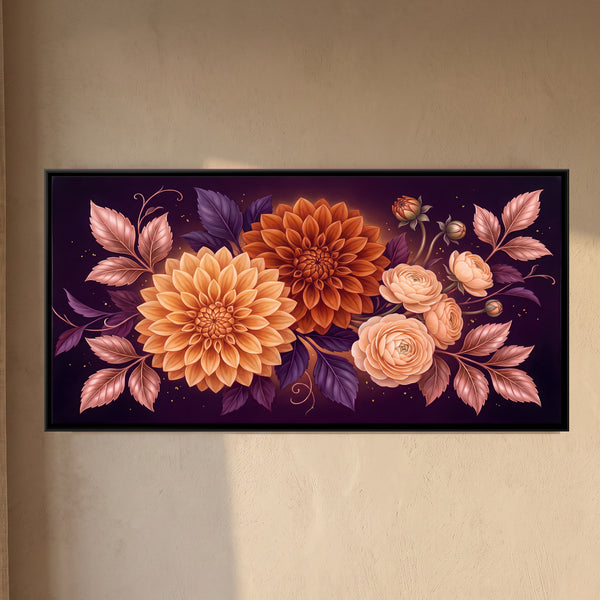 Orange Dahlias and Roses on Dark Background