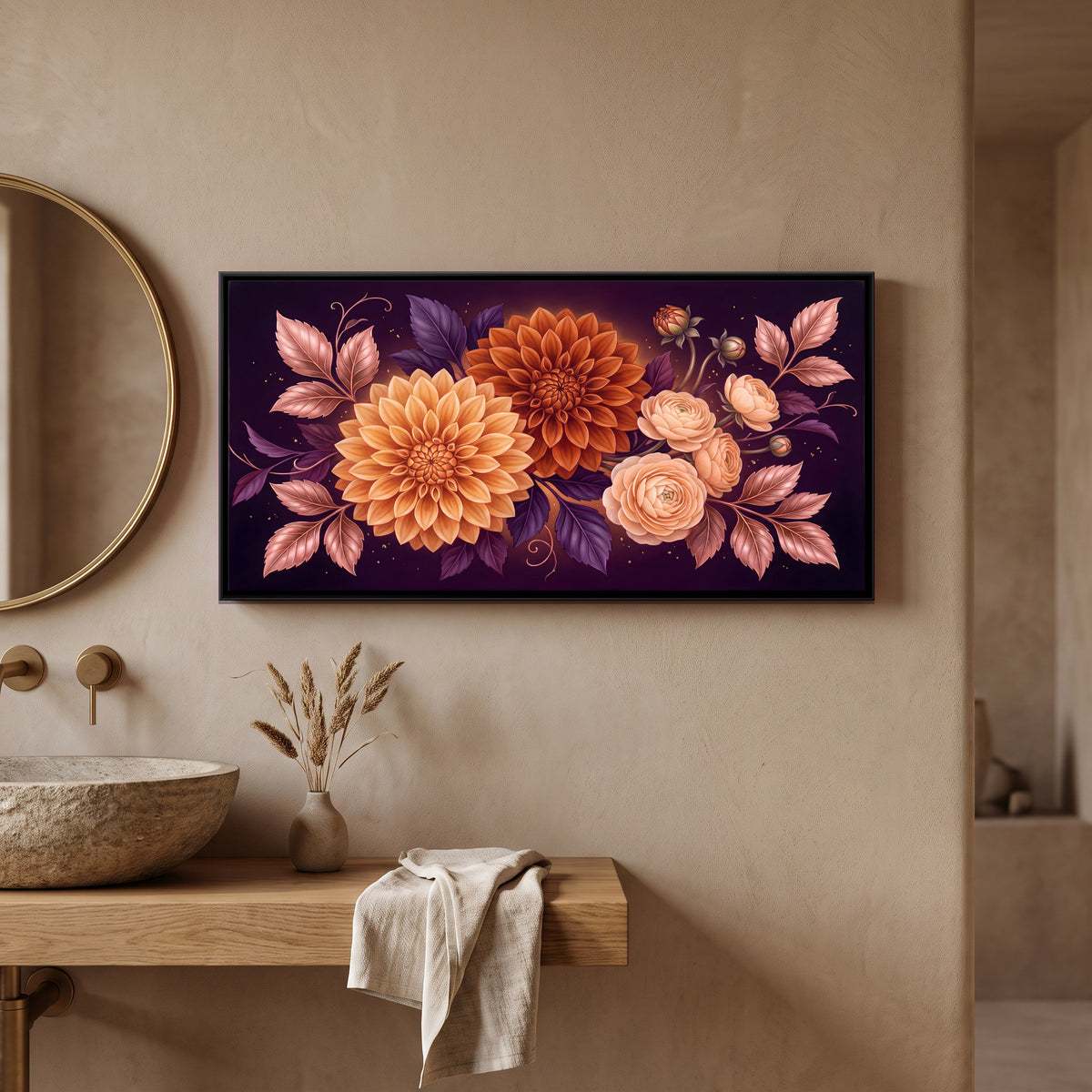 Orange Dahlias and Roses - canvas art shown in a styled room