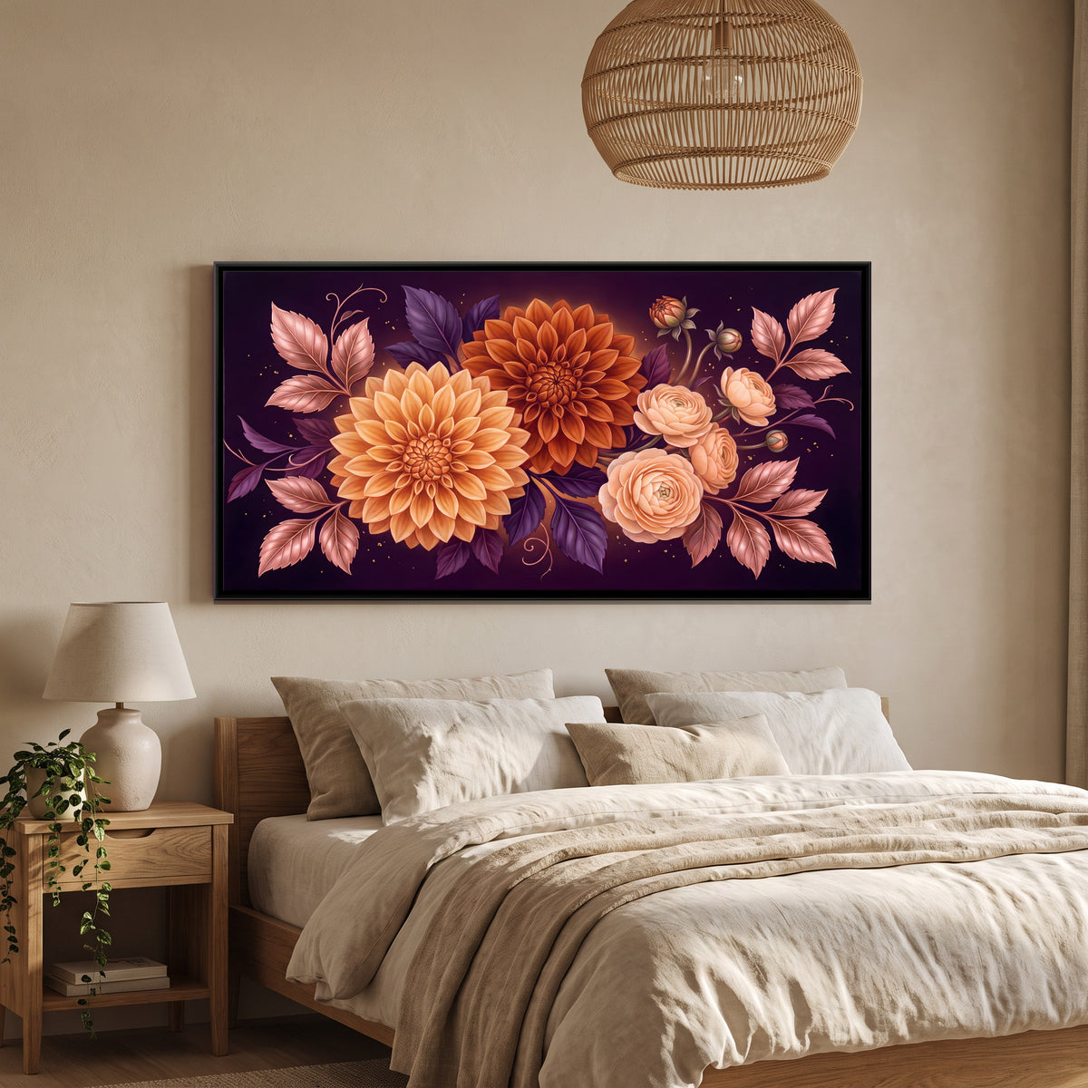 Orange Dahlias and Roses - canvas art shown in a second room setting