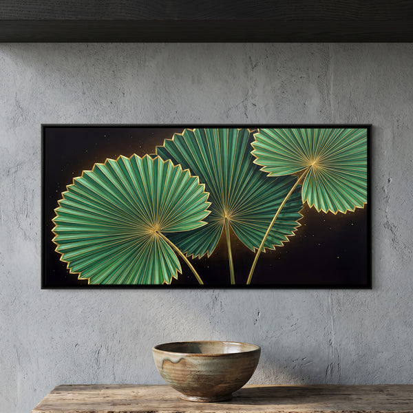 Green Fan Palm Leaves with Gold Accents