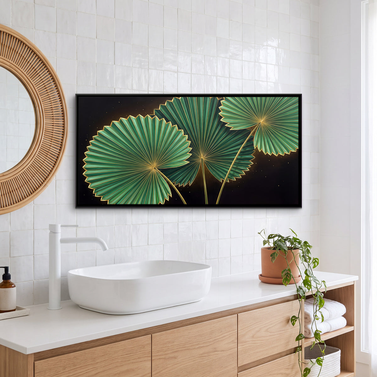 Green and Gold Fan Palm Leaves - canvas art shown in a styled room