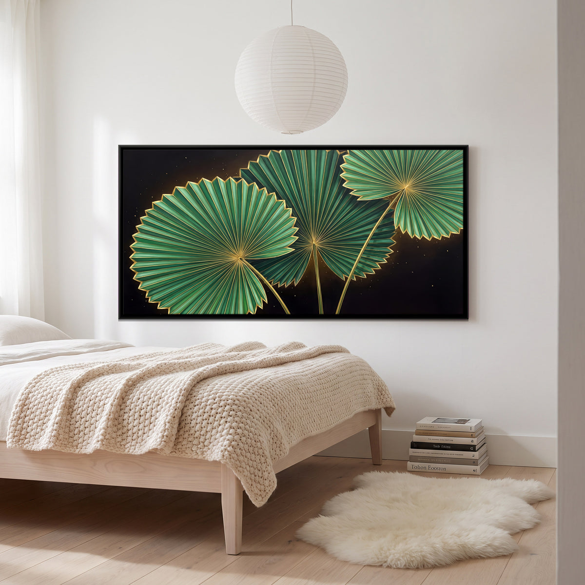 Green and Gold Fan Palm Leaves - canvas art shown in a second room setting