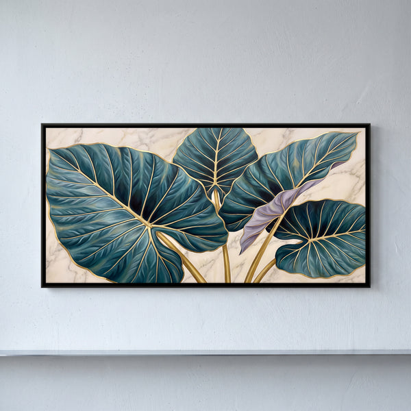 Elephant Ear Leaves with Gold Veins on Marble